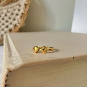 Two Hearts Gold Bow Petite Ring “Angel” Classic Girly Femme Band Stacking Neutra